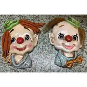 Vintage 1960's ENESCO-Japan Pair of Clown Wallhangings (Chalkware) E-8982 Stamp